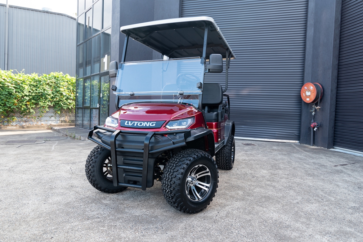 Picture of (2 Seat) 2 Seater Lifted Cart, 48v, 4kW aC Motor,  LV Tong  Controller, Maintenance Free 80 AH Eco Lithium Battery, LVTong On Board Charger, Split Windscreen, Speed Meter, Safety Belts, Light System 23" Aluminium Rim, 2x Keys, 4 Wheel Disc Brake with EM Brake, Multifunction Storage Boxes, Front Independent Suspension with Double Individual Swing Arm, Ergonomic Black Seats, Black Roof.