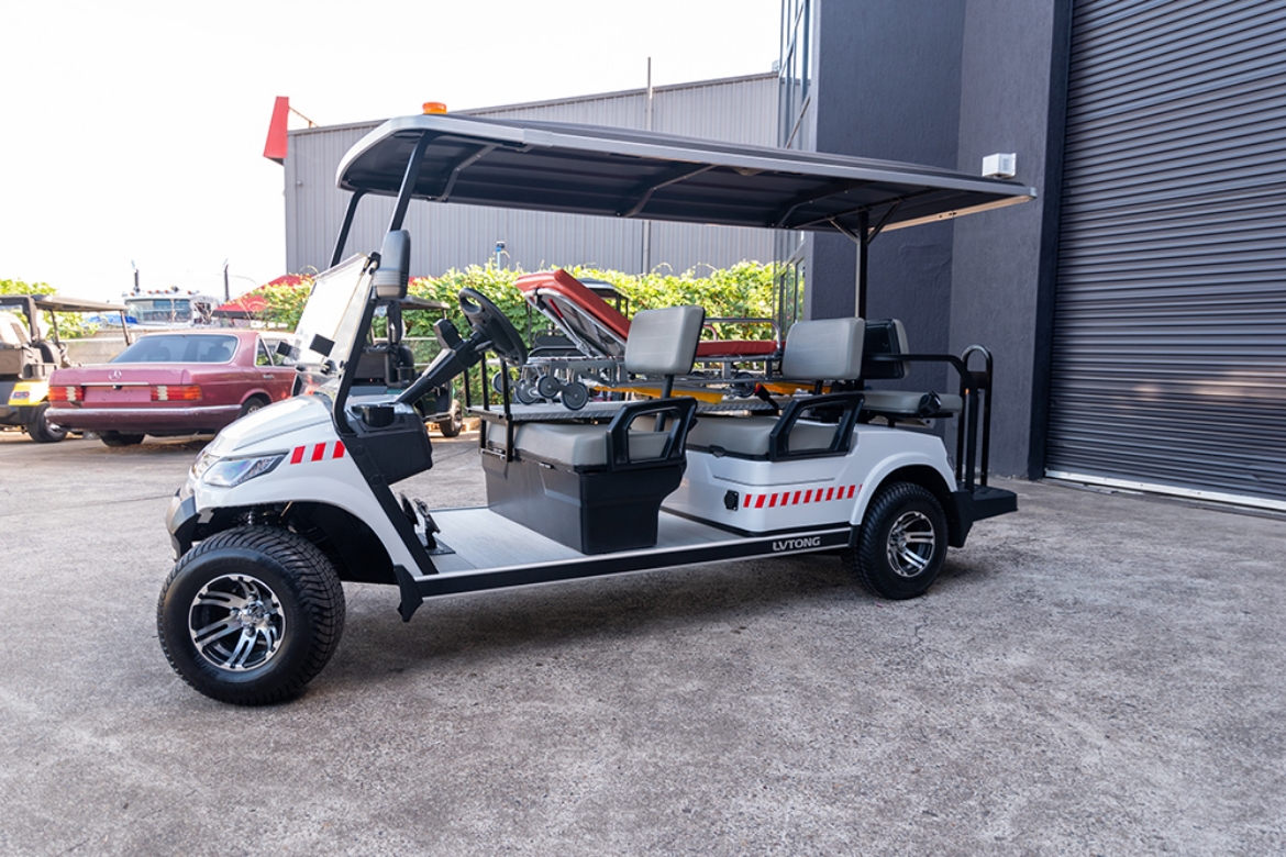 Picture of (6 Seat) 6 Seater Medical Cart, 48v, 4kW AC Motor, LVTONG 48M-350A Controller, Maintenance Free Batteries, LVTong On Board Charger, Split Windscreen, Speedometer, Safety Belts, Light System, 10"Aluminium Rim, 4 Wheel Disc Brake with EM Brake, Upgraded Seats - Black, Multifunction Storage Boxes, Front Independent Suspension with Double Individual Swing Arm, Black Roof.