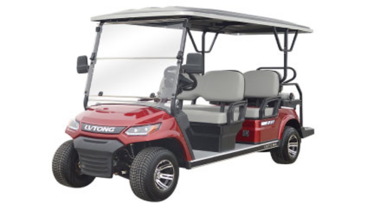Picture of (6 Seat) 6 Seater, 48v, 4kW AC Motor, LVTONG 48M-350A Controller, Maintenance Free Batteries, LVTong On Board Charger, Split Windscreen, Speedometer, Safety Belts, Light System, 10"Aluminium Rim, 4 Wheel Disc Brake with EM Brake, Upgraded Seats - Black, Multifunction Storage Boxes, Front Independent Suspension with Double Individual Swing Arm, Black Roof.