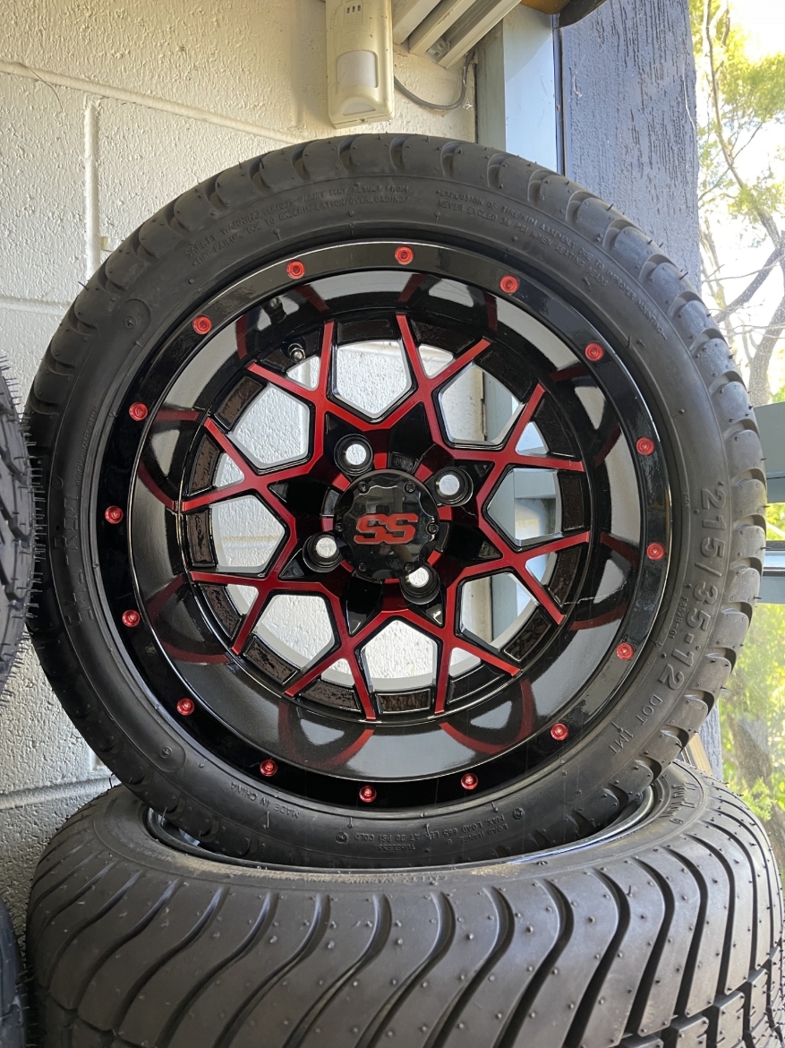 Picture of 12 inch BK01/Red/Milling RHOX Rim fitted with 215/35/12" tyre - Full set including wheel nuts, tyres & centre caps = $790.