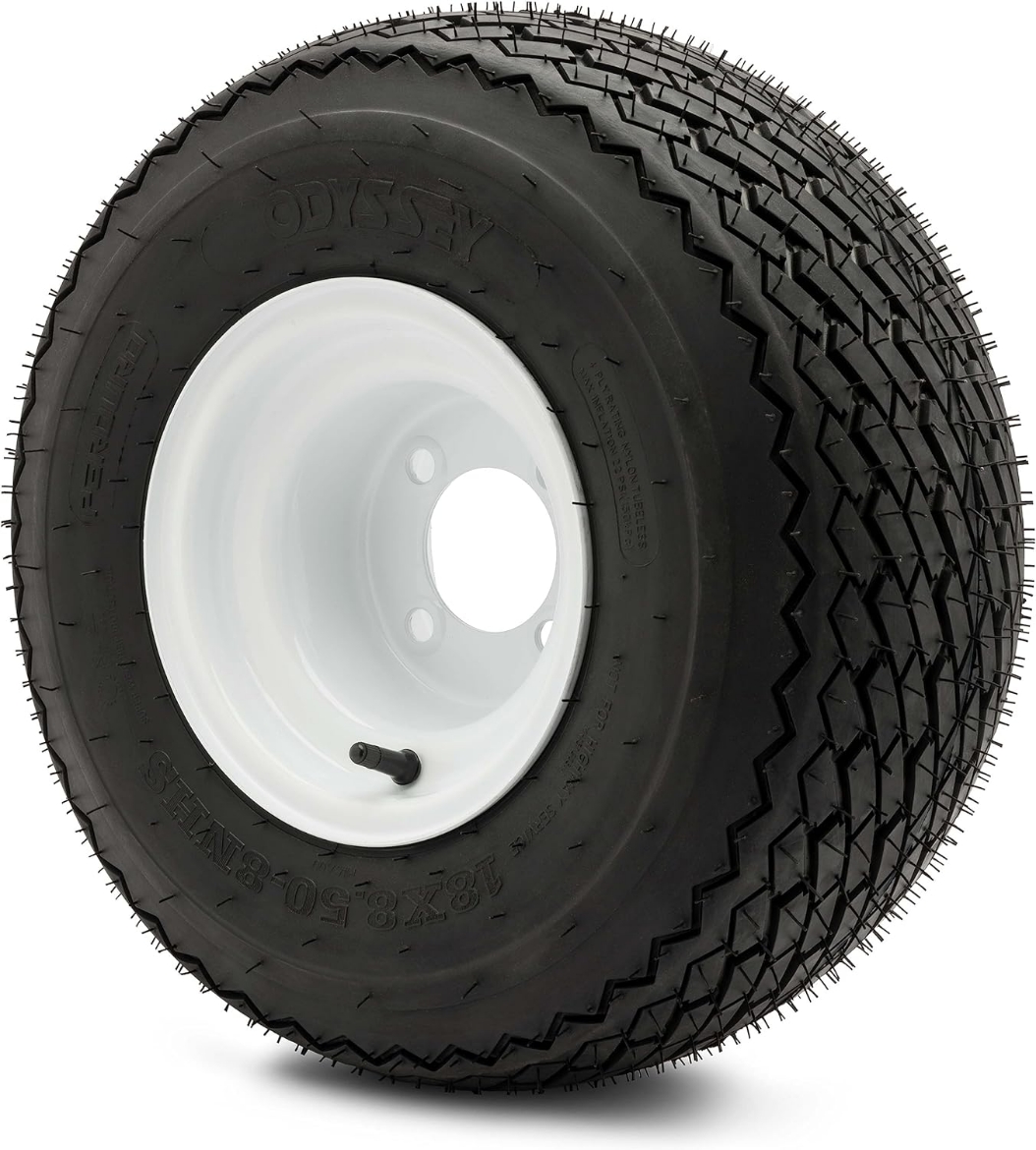 Picture of 18x8.5x8 ODYSSEY PERDURO TYRE ON GLOSSY WHITE STEEL RIM (8x7") - (STANDARD GOLF CART TYRE & WHEEL)