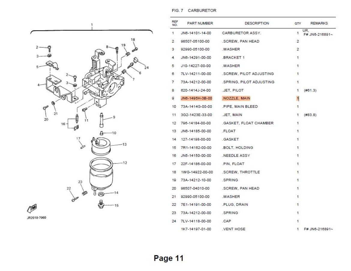Picture of YAMAHA G16 & G22 CARBURETOR NOZZLE MAIN