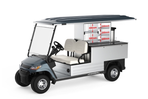 Picture of 2 Seater, 48V, 5KW AC motor, lvtong controller,  without batteries and  charger, split windscreen, speed meter, safety belts, light system, 10'' aluminium rim, 4 wheel disc brake with EM brake; upgraded leather seats, multifunction storage boxes; front independent suspension with double individual swing arm to make the cart more comfortable, All seats black , black top roof ;